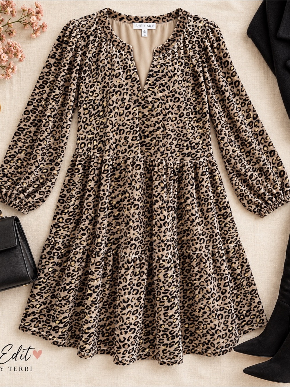 She + Sky Leopard Velvet Tiered Dress Gold Medium